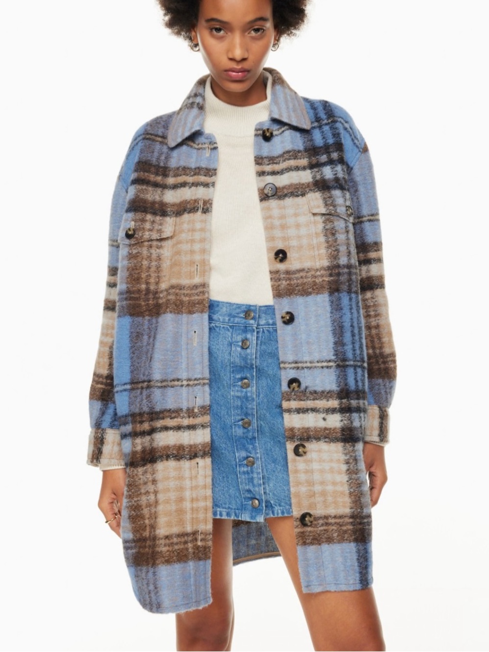 Aritzia Plaid Ganna Long Shirt Jacket in Blue and Brown